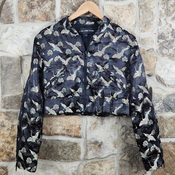 Lisa Von Tang Stork Crane Jacquard Brocade Cropped Jacket Coat - Picture 3 of 11